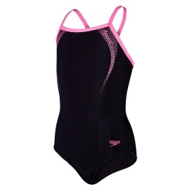 Speedo Girls' Sports Logo Swimsuit - Black/Pink