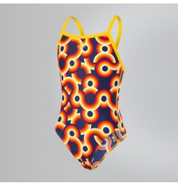 Speedo Girls Allover Crossback Swimsuit - Blue/Yellow/Orange