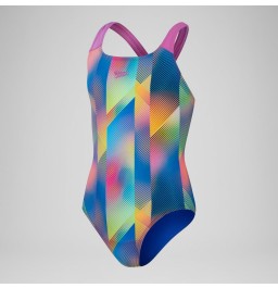 Speedo Girls Digital Allover Powerback Swimsuit - Blue/Pink