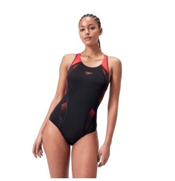 Speedo Womens Placement Laneback Swimsuit - Black/Red