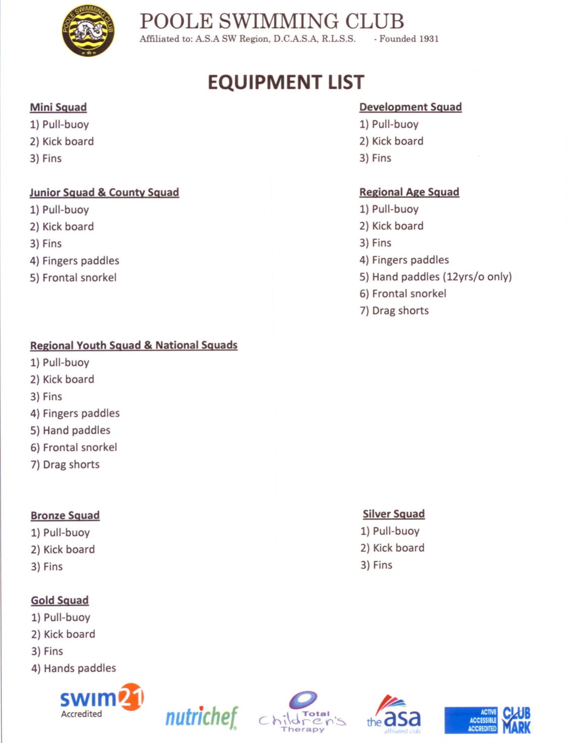 Swimming hotsell equipment list