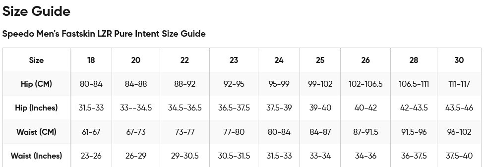 Speedo pure intent size chart outlet